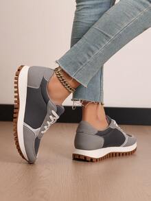 Women's Retro Lace Up Platform Sneakers, Color Block Low Top Casual Walking Shoes, Padded Insole Anti-Slip Waffle Outsole, Multi Color Options, Comfortable Footwear For Daily Commute Shopping Travel Weekend Outings - Xám - Xem 3