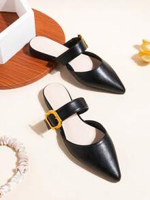 Black Pointed Toe Flat Mule Slip-On Sandals, Versatile Summer New Arrival, French Style - Black - View 9