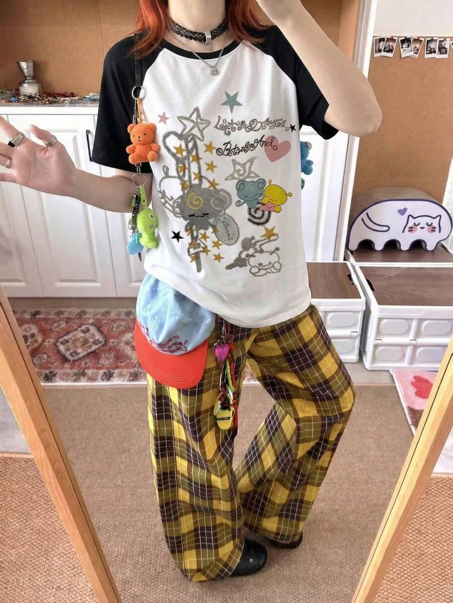 女士夏季新款休闲字母爱心印花圆领插肩袖撞色纯色短袖T恤 白色 - 白色 - 查看 1