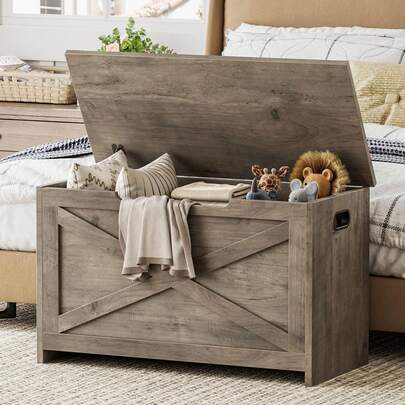 Hodeffior 76cm Wooden Storage Bench With Hinges & Side Handles, Multifunctional Entryway Chest, Toy Box, Shoe Organiser For Bedroom, Living Room, Easy Assembly, 76x45x40cm