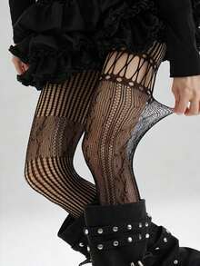 1双 - 春夏镂空蕾丝蝴蝶结渔网袜，性感Y2K风格吊带连裤袜，复古日式抽绳网袜 - 彩色 - 查看 7