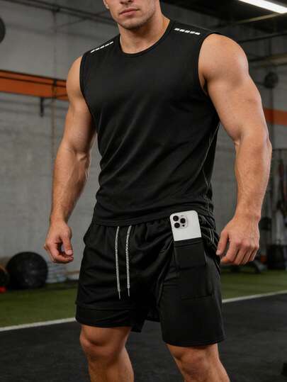 2pcs/Set Men's Sports & Fitness Outfit, Vest + Shorts, Summer Indoor/Outdoor Workout Running Set