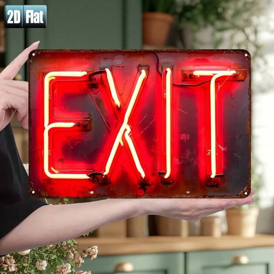 2D Flat, 2D Flat 1pc,Neon Red "EXIT" Sign Glowing In The Dark,Metal Tin Sign,Size(8"X12"/20cm*30cm)Decoratve Paintings/Room/Restaurant/Bar/Door/Garage Decor, 2D Flat - 彩色 - 查看 1