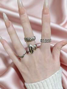 Set de 4 anillos de acero inoxidable elegantes para mujer, que incluye diseños de línea de ola y geométricos, estilo minimalista de lujo, adecuado para uso diario, festivales, citas, compromisos, bodas y fiestas - Plateado - Ver 4