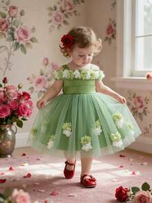 Vestido de niña para niña de flores de tul esponjoso y lindo, adecuado para la celebración del primer cumpleaños y salidas, sin diadema - Verde - Ver 4