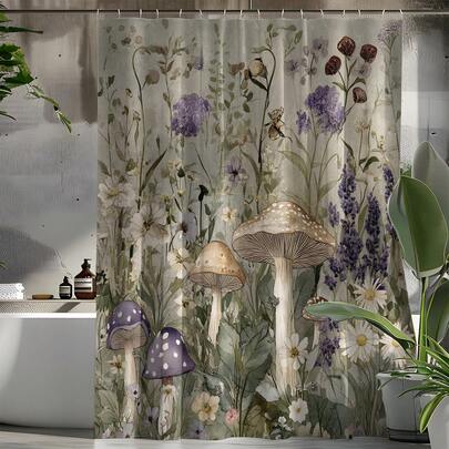 1 pieza Cortina de ducha con estampado botánico de setas y flores, cortina de alta calidad para decoración del hogar, accesorio de baño moderno y versátil, cortina de ducha para todo el año con 12 ganchos
