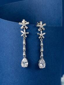 长款锆石水滴耳环，女士优雅奢华流苏铜耳环 - 銀色 - 查看 2