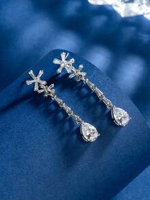 长款锆石水滴耳环，女士优雅奢华流苏铜耳环 - 銀色 - 查看 6