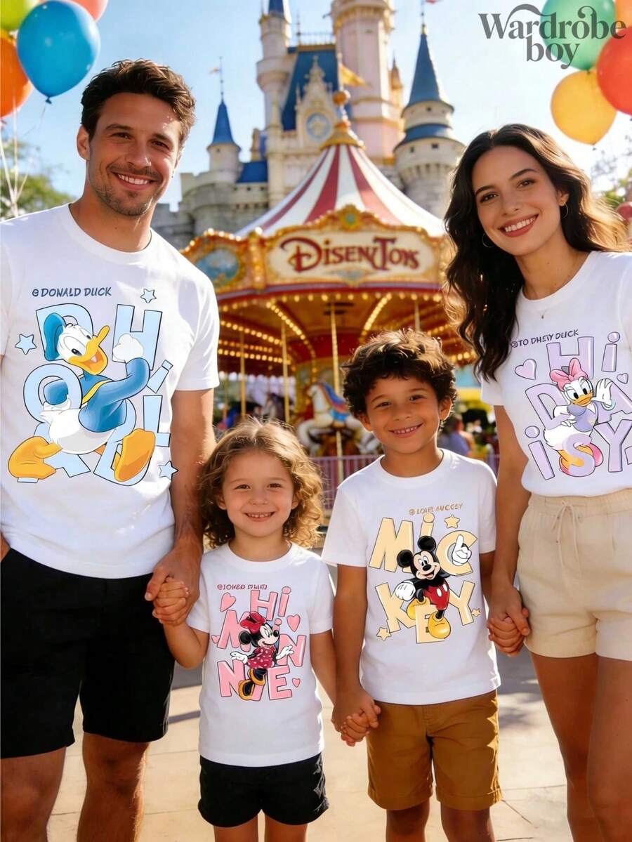 Disney 1PC  Authorized Cartoon Short Sleeved T-Shirt, , , , Daisy Family Printed T-Shirt, Cartoon Printed Design, Very Suitable For Family Travel And Vacation. This Is A New 2026 Short Sleeved T-Shirt, An Ideal Choice For Mother's Day, Suitable For Both Men And Women. Made Of High-Quality Pure Cotton, Comfortable And Breathable All Year Round. Exquisite Design, Is The Preferred Gift - 男人 - 查看 1