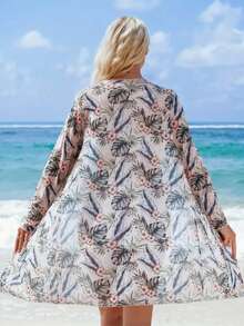Three-Piece Floral Print Bikini Set, Boxer-Style Bottom With V-Neck And Long-Sleeved Cover-Up. - Pink - View 2