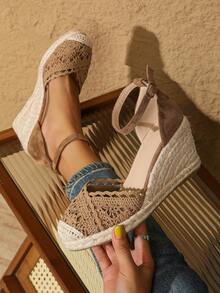 Breathable Closed Toe Slip-On Wedge Sandals, Fashionable Casual Rope Platform Shoes For Women - Brown - View 2