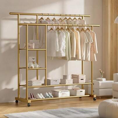1.5M Perchero para Ropa de Doble Poste,Perchero Burro con Ruedas, Perchero de Metal para Ropa con Estante,Estantería de Almacenamiento de Ropa para Dormitorio