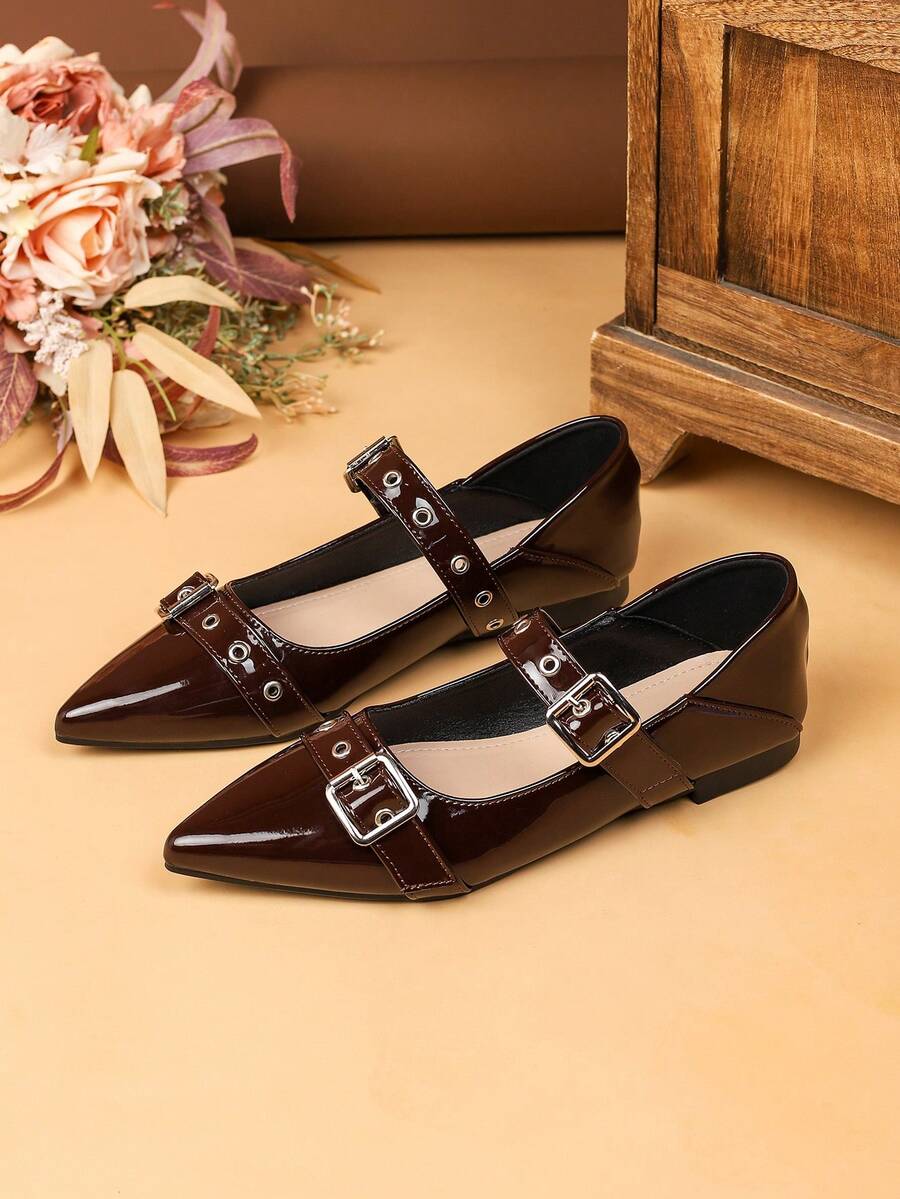 女士尖头平底鞋，2026春夏新款休闲软底乐福鞋，英伦风工作鞋，大码41-43 - 咖啡棕 - 查看 1