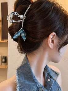 1pc Women's Blue Metallic Mermaid Shark Claw Hair Clip, Faux Pearl Elegant Princess Updo Hair Accessory - Sky Blue - View 2