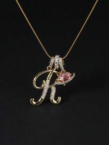 1pc Cubic Zirconia Heart Shaped Necklace With 26 English Letters Design, Classic Retro Pendant Necklace, Suitable For Daily Wear Or Gatherings, Perfect Gift Choice For Valentine's Day - Gold - View 2