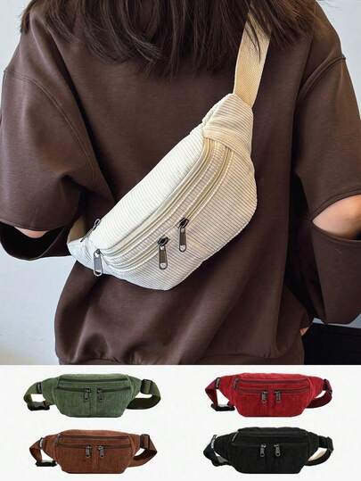 New Korean Style Fashionable Retro Corduroy Waist Bag, Simple Chest Bag, Large Capacity Solid Color Single Shoulder Crossbody Small Bag