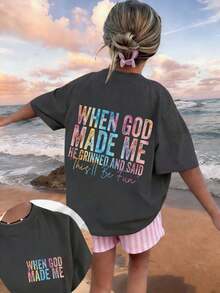 Tween Girl "When God Created Me, He Smiled And Said This Will Be Fun" Funny Slogan Printed T-Shirt, Soft And Comfortable Fabric, Girls Outdoor Sports, Casual, Streetwear, School Outfit, Fashionable Tween Girls Spring/Summer Versatile Top - Dark Grey - View 3