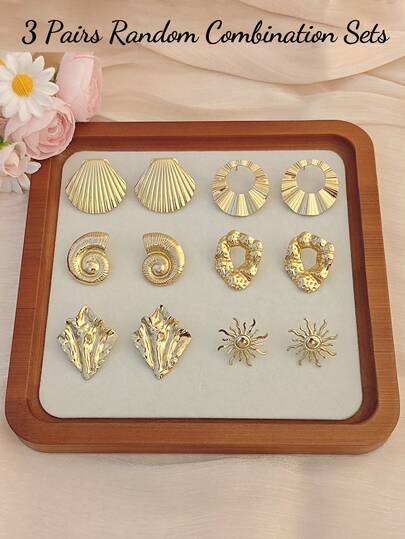 3 Pairs Of Random Stainless Steel Earrings Set, Featuring Asymmetrical Geometric Shapes, Striped Scallop, Spiral Shell Designs, Vintage Jewelry, Summer Beach Vacation Swimwear Accessories, Attractive Outfit Decorations, Wedding Dress Accessories - Suitable For Swimming, Bathing, Exercising