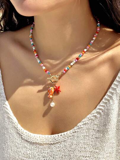 1pc Ceramic Fish & Starfish Tassel Pearl Beaded OT Clasp Necklace