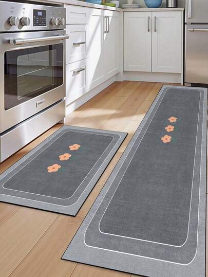 [HOT!!!] 3.5mm Thick Soft Rubber Absorbent Kitchen Mat, Cute Minimalist Style Blue-Gray Background With Pink Flower Pattern Decorative Carpet, Can Be Trimmed To Fit Kitchen, Living Room, Bedroom, Children's Room, Mouse Pad, Bathroom, Entrance, Outdoor, Balcony, Hallway And Other Home Spaces