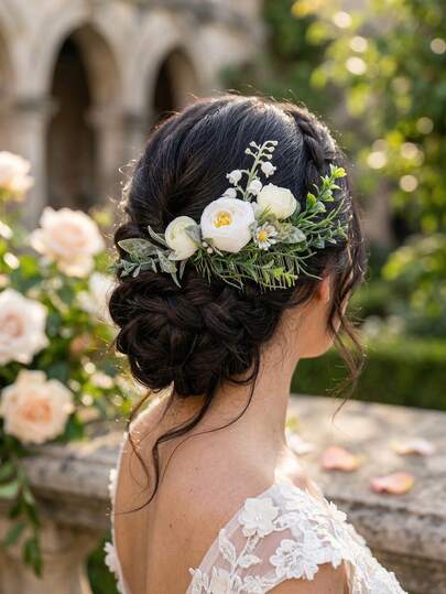 1pc Elegant White Flower & Green Leaf Hair Comb, Faux Floral Hair Accessory, Bridal Bridesmaid Wedding Headpiece, Party Holiday Photo Shoot Hair Decor