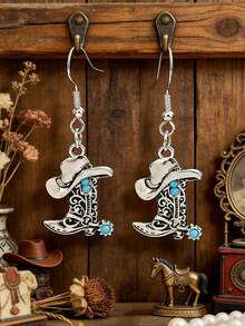 Western Cowboy Style Earrings, Vintage Distressed Turquoise Inlaid Carved Boot & Hat Design Dangle Earrings - Silver - View 7