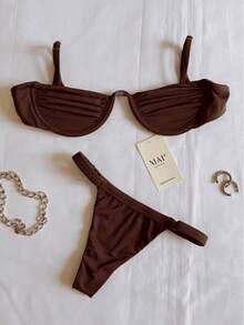Underwire Bikini With Adjustable Straps And Thong Panties - Brown Rim - View 1