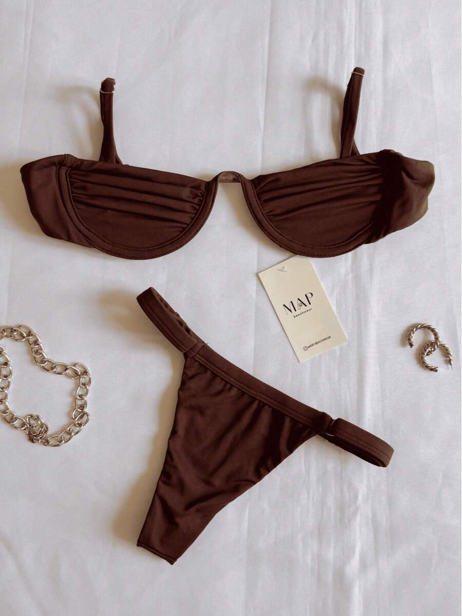 Underwire Bikini With Adjustable Straps And Thong Panties - Brown Rim - View 1