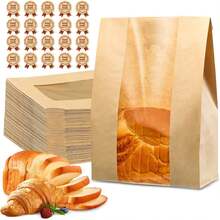 50个装自制面包纸袋。带透明窗口的酸面包纸袋，加厚50%，大号面包袋，尺寸为13.7 x 8.2 x 3.7英寸（约34.8 x 20.8 x 9.4厘米），也适合存放饼干和零食，附赠50个可爱的封口贴纸。 - 查看 1