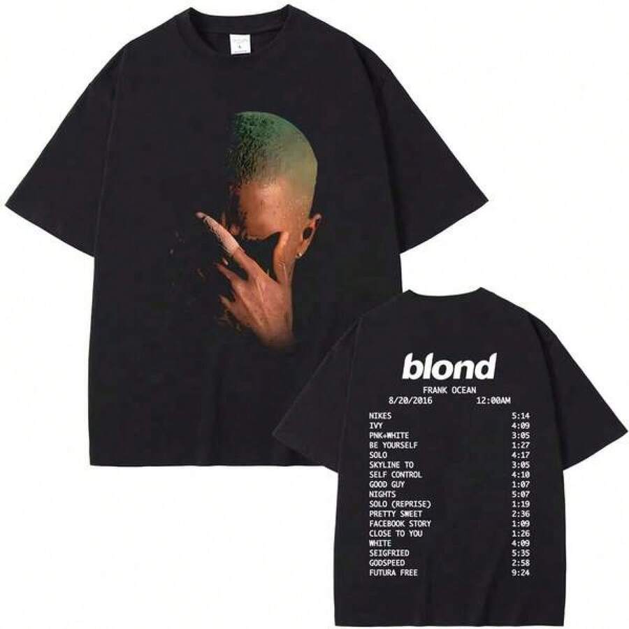 Graphic-Shirt Cotton Tees Size Plus,Rapper Frank Fashion Vintage Graphic T-Shirts Men Women's Ocean Hip Hop  T Shirts Blond Oversized T-Shirt Man Cotton Tshirt ,Y2K,Oversized Shirt Men,Summer Tops - 黑色 - 查看 1