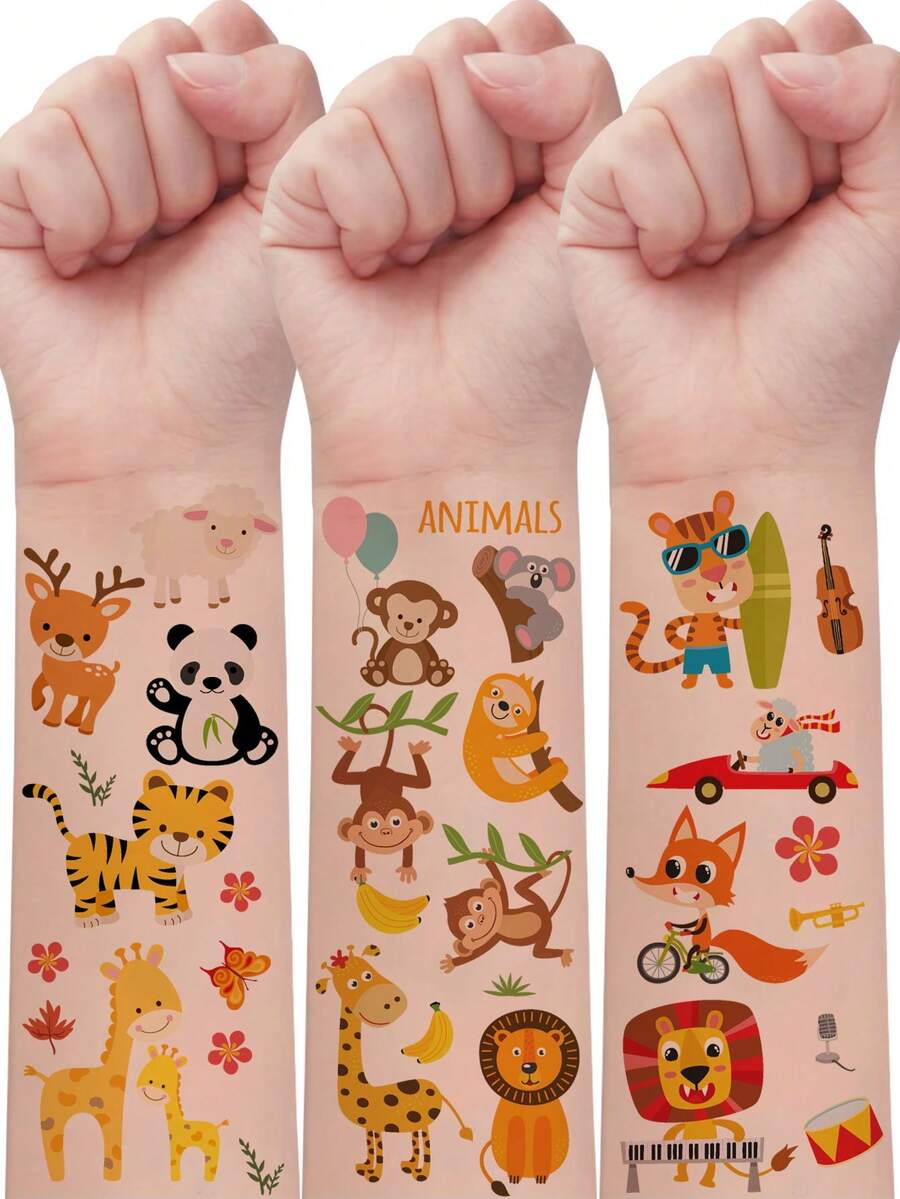 30张卡通临时纹身贴纸，包含狮子、老虎、猴子、长颈鹿、斑马和大象等一系列图案，展现了各种可爱的卡通动物风格（共300种设计）。这些防水且趣味十足的艺术化妆假纹身贴纸。 - 彩色 - 查看 1