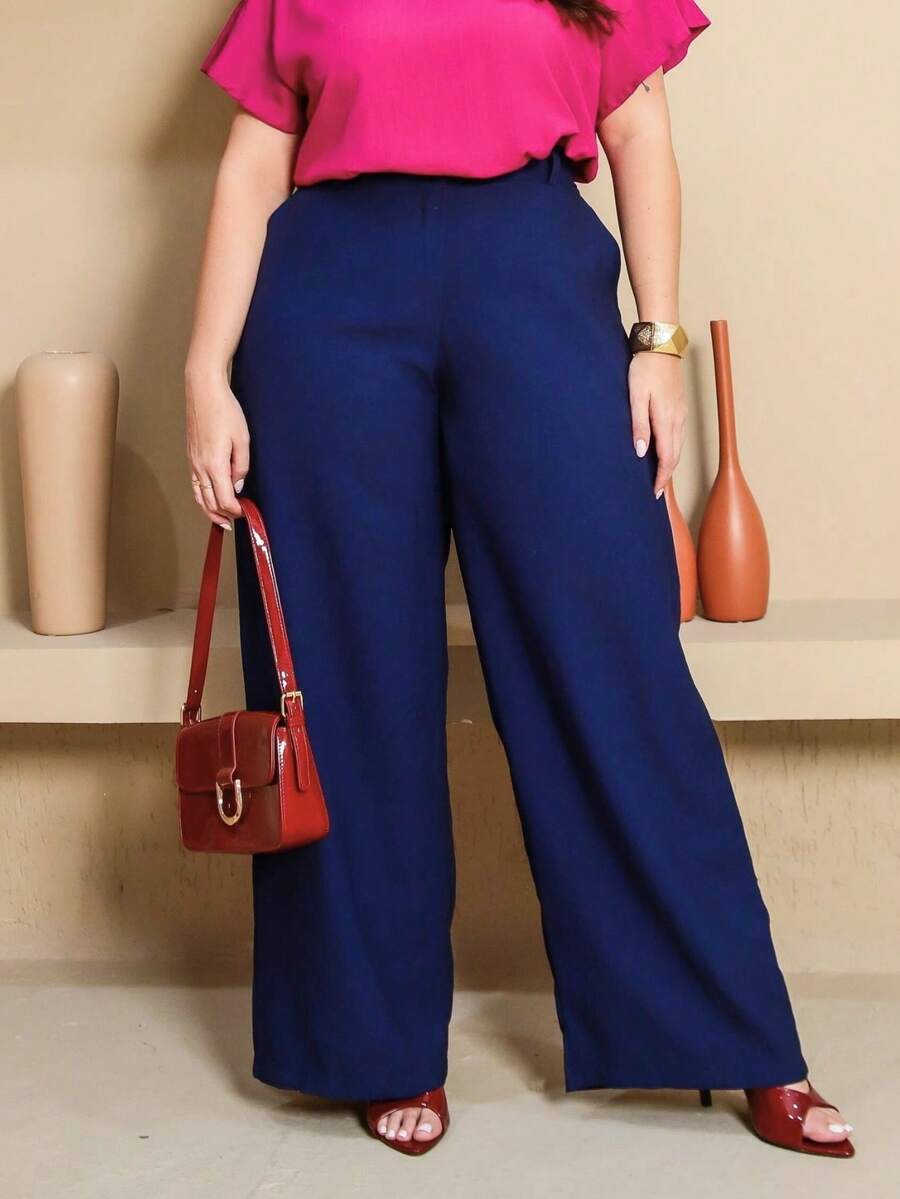 Women's Plus Size Wide-Leg Pants With Elastic Waistband, Button, And Zipper - Màu xanh hải quân - Xem 1