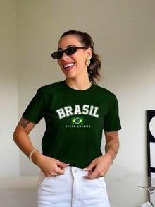 Women's T-Shirt With Brazil World Cup Print, Cotton Blouse, Round Neck - Green - View 3