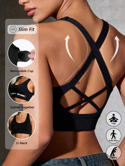 Runway Rest 1pc Women's Seamless Comfortable Sports Bra, Removable Padded, Cross Back Shock-Absorbing Sports Bra, Wireless Wrap-Around Crop Top, Suitable For Yoga And Fitness