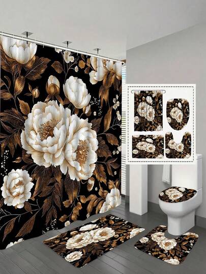 1/4pcs Bohemian Brown Floral Shower Curtain Set, Countryside Wild Flower Peony Pattern, Retro Abstract Botanical Watercolor Style, Polyester Fabric Waterproof Shower Curtain, Non-Slip Bath Mat, U-Shaped Toilet Rug, 12 Hooks - Modern Style, Suitable For Home Decor, Bathroom Decor And Accessories, Easy To Clean And Maintain, Housewarming Gift - Fits All Seasons