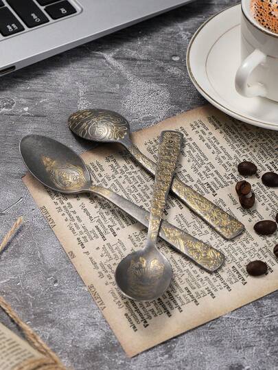 1pc Stainless Steel Vintage Textured Coffee Spoon, Luxury Retro Style For Commercial And Home Use, Thickened Tea Spoon For Cafe And Restaurant
