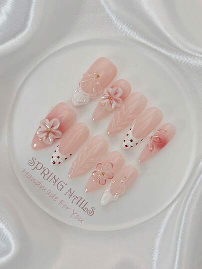 10片手工亚克力美甲贴片，可移除，杏仁形，可爱简约设计，适合情人节、约会、派对、各种场合 - 粉色、美人鱼、贝壳、珍珠、3D花朵、波点、法式美甲