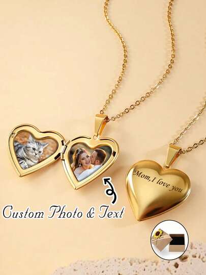 1pc Customizable Heart-Shaped Photo Pendant Necklace, Mother's Day Gift, Gift For Mom, Photo Necklace, Customizable Chain, Suitable For Family, Couples And Pets, Suitable For Daily Wear, Birthday, Valentine's Day, Anniversary Gift For Boyfriend, Girlfriend, Spouse,Jewellery For Ladies