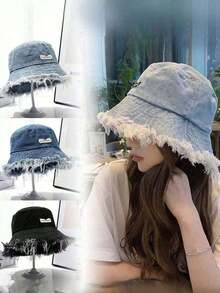 1pc Women's Streetwear Metal Decoration Frayed Brim Casual Fisherman Hat, Versatile Unisex Bucket Hat Daily Wear, Outdoor, Travel, Beach, All Season E1LL - 深藍色 - 查看 2