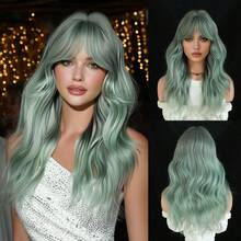 20英寸薄荷绿短款波浪卷发假发，带刘海，耐热合成纤维材质，适合派对、日常佩戴、音乐节、聚会和庆典等场合。 - 薄荷綠 - 查看 12