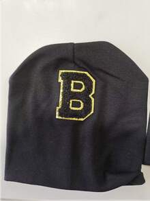 必买！1顶婴儿黑色针织帽，A-Z金色字母标签彰显个性，柔软弹力，多功能头部保护帽。 - 黑色 - 查看 7