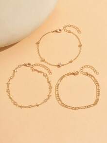 3件套时尚十字架手工链，透明眼形水晶，四叶花装饰脚链，多层金色链条脚饰，适合日常佩戴、约会和拍照。链长可定制。 - 金色 - 查看 2