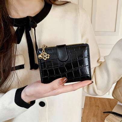 Korean Ins-Style Girl's Wallet, Minimalist Solid Color Short Wallet, Multi-Function Card Holder Coin Purse, Crocodile Embossed Folding Leather Wallet