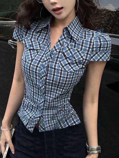 Áo polo tay ngắn cổ bẻ kẻ caro xanh kiểu Mỹ cổ điển, ôm eo, dáng slim fit cho nữ, hàng mới mùa hè.