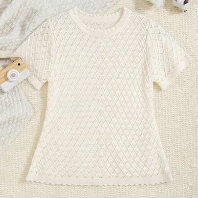 2026 New Baby Girls' Spring/Summer Outfit, 0-3 Years Old, Sweet Rhombus Hollow Knitted Dress, Frill Trim Short Sleeve Princess Dress Set, Versatile Daily Wear