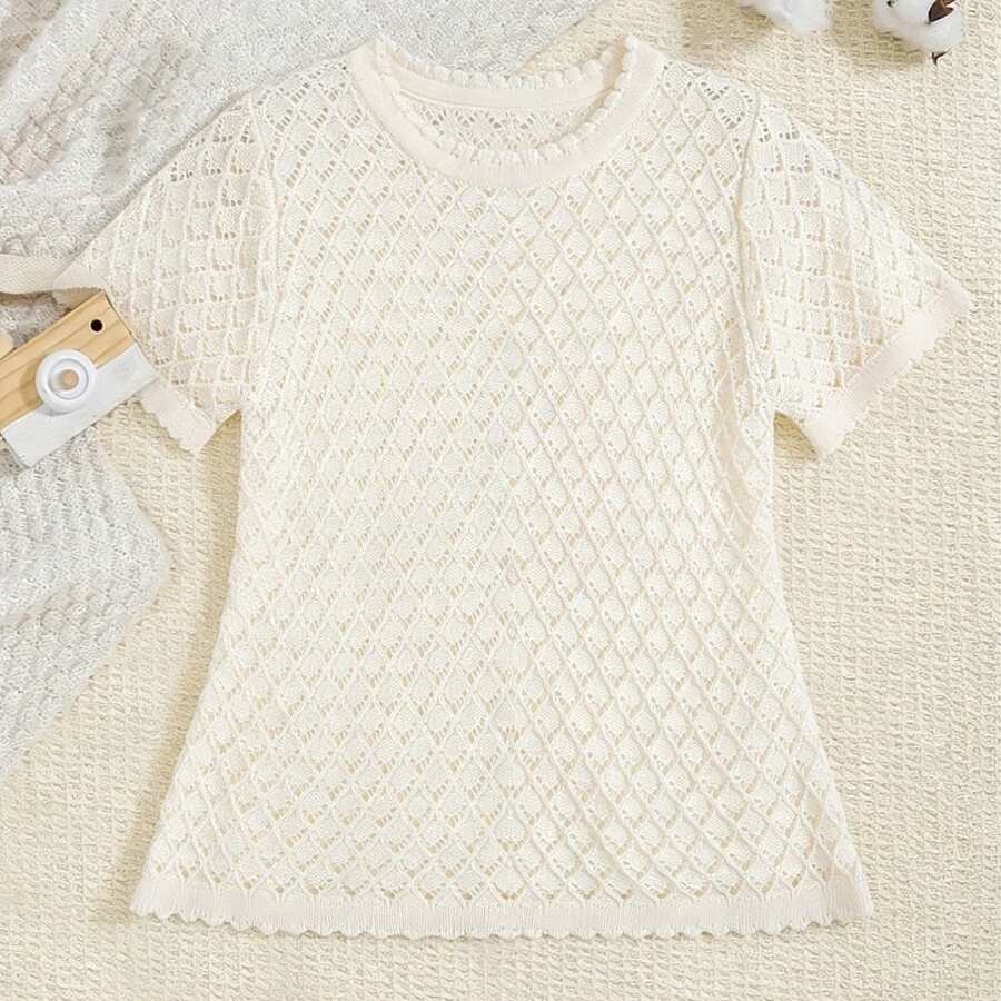 2026新款女婴春夏套装，0-3岁，甜美菱形镂空针织连衣裙，荷叶边短袖公主裙套装，百搭日常装