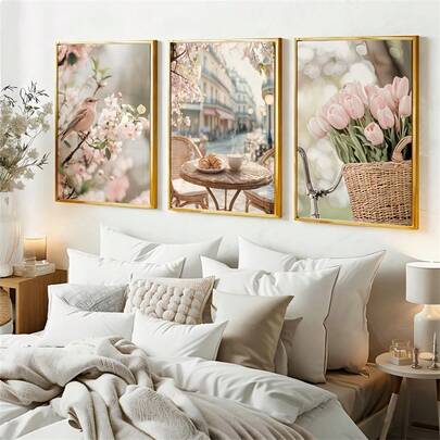 Romantic Paris Street Wall Decor Print, Outdoor Cafe & Floral Bird & Tulip Canvas Posters, Farmhouse Home Decor, Modern Wall Art Decor, Canvas Art Painting For Living Room, Bedroom, Kitchen, Home Office, Bar, Dorm, Hallway, Room Decoration Optional Frame