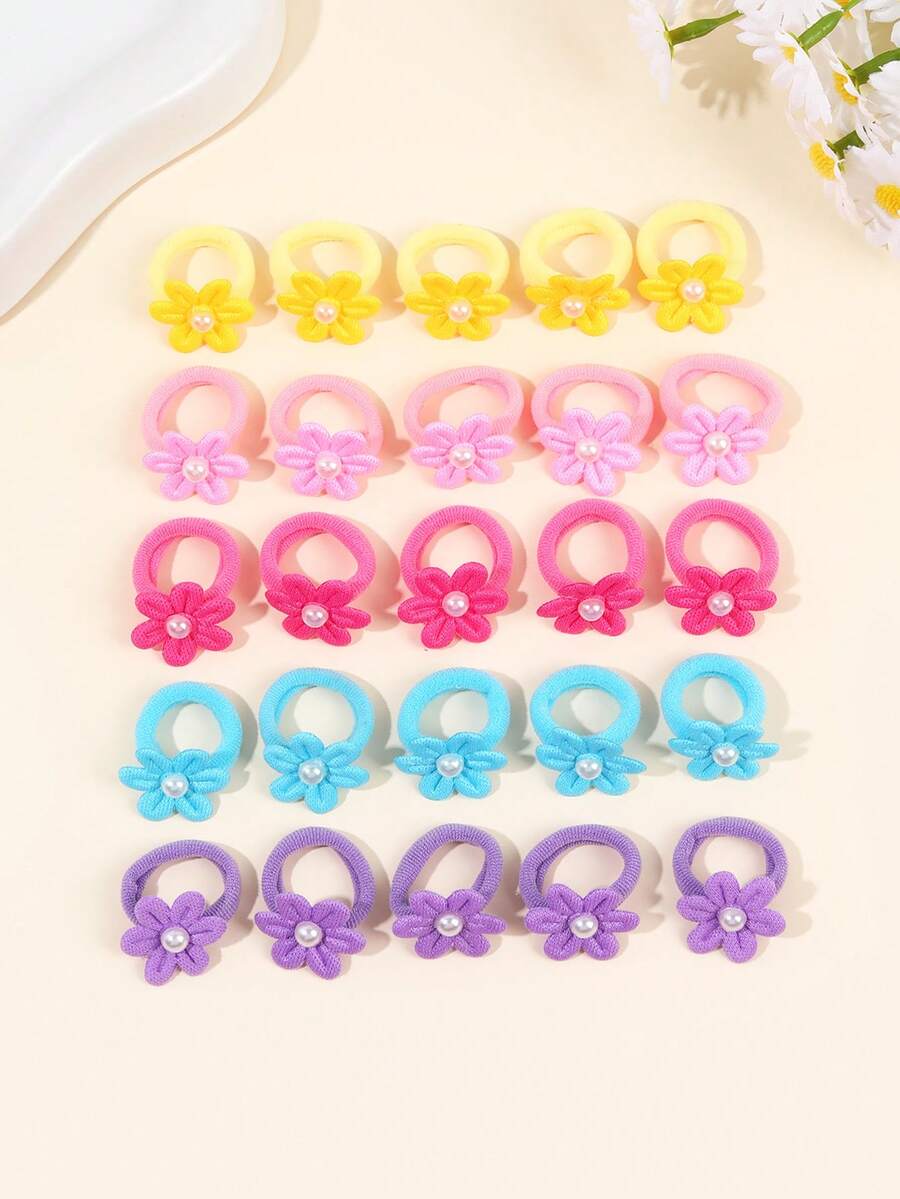 25PCS Flower Hair Ties For Girls Faux Pearl Decor Elastic Hair Ties Macaron Assorted Muted Color Hair Holder Cute Sweet Style Hair Tie Set For Spring Vacation And Casual Daily Wear Colorful Headdress Teens Hair Accessories - Multicolor - View 1
