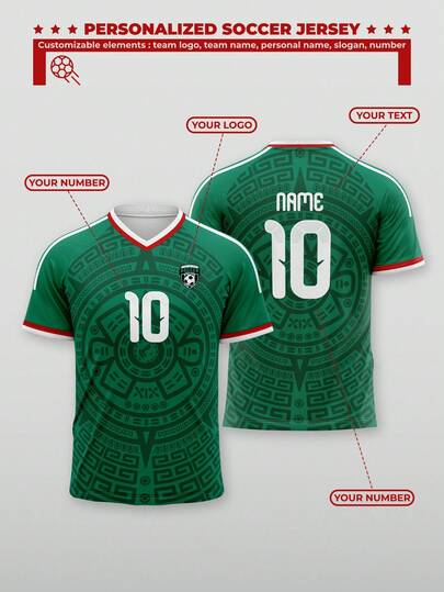Áo bóng đá kiểu Mexico mùa giải 2026, thiết kế riêng, in màu xanh lá cây và đỏ, thích hợp cho các hoạt động thể thao ngoài trời, các trận đấu bóng đá và xem bóng đá.
