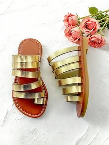1 Pair Summer Kids Sandals, Gold Girls Flat Slides, Open Toe Slip-On Slippers, Soft Non-Slip Durable Sole, Suitable For Banquet, Party, Wedding, Vacation - Gold - View 5